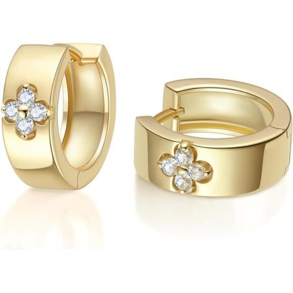 Moissanite clover hoop earrings sterling silver 18k gold plated emerald green - Picture 1 of 6